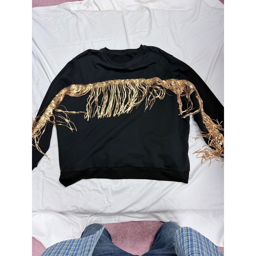 Black Sequin Fringe Sweatshirt Gold Metallic Long Sleeve Pullover XXL